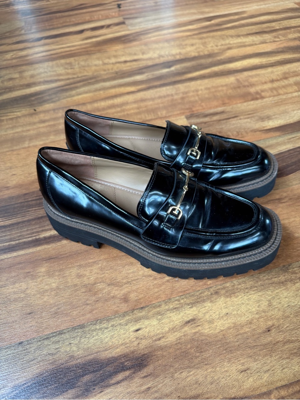 Sam Edelman Black Patent Platform Loafers with Gold Bit